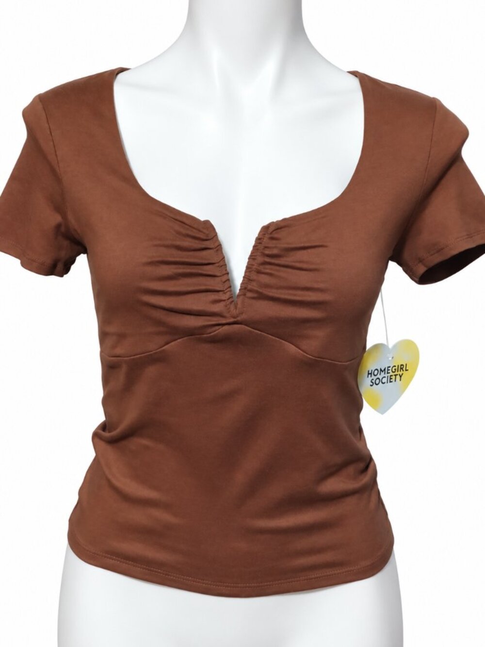 Small womens brown crop top. Short sleeve Ruched Sweetheart Neck. Y2K Boho